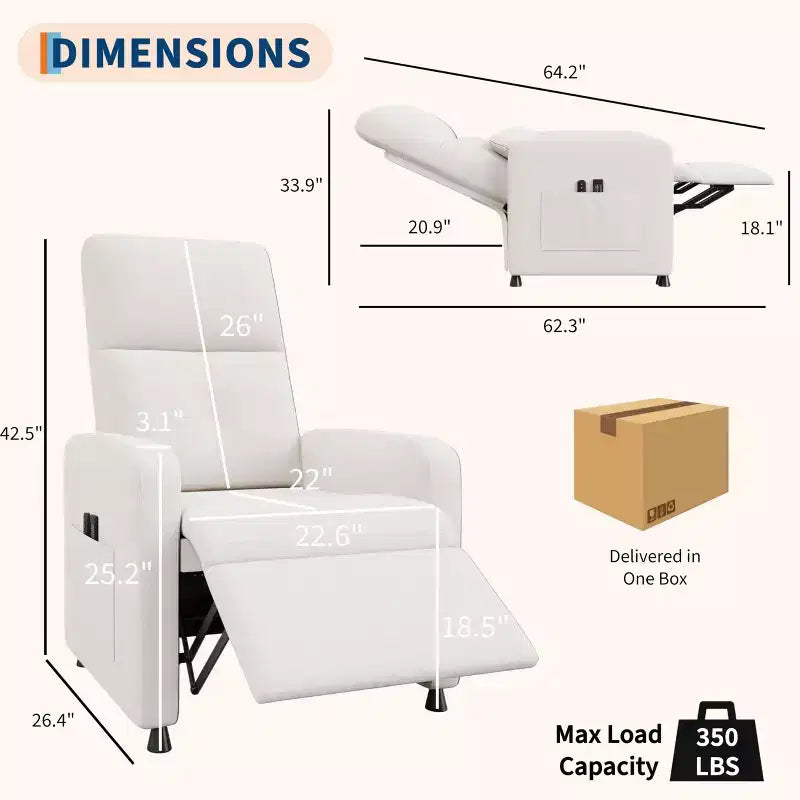 Power Recliner Chair, Ergonomic Linen Single Sofa with Padded Seat & 2 Side Pockets, Adjustable Electric Recliner for Living Room, Bedroom