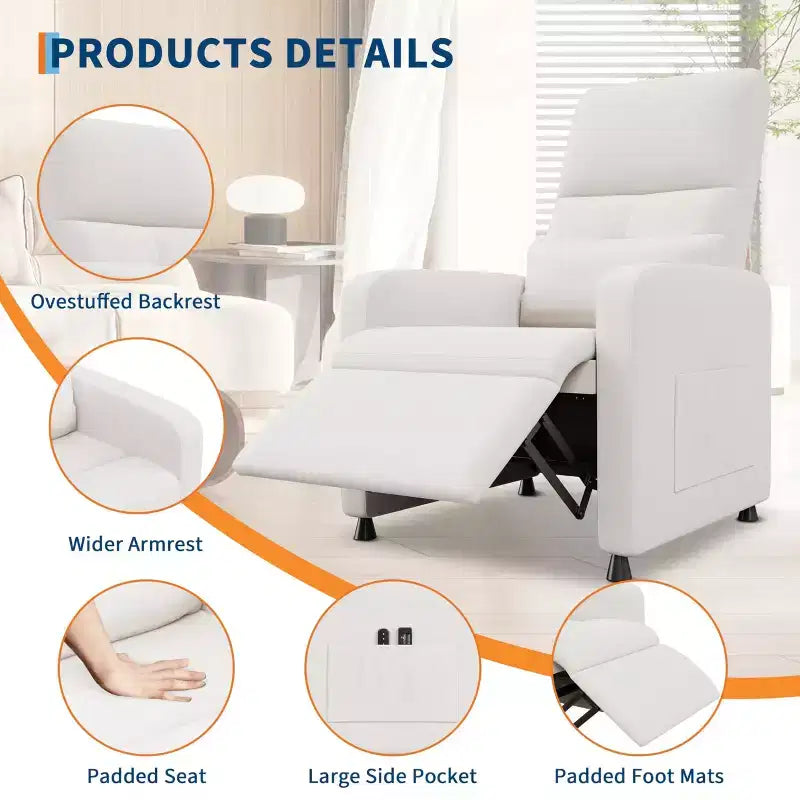Power Recliner Chair, Ergonomic Linen Single Sofa with Padded Seat & 2 Side Pockets, Adjustable Electric Recliner for Living Room, Bedroom