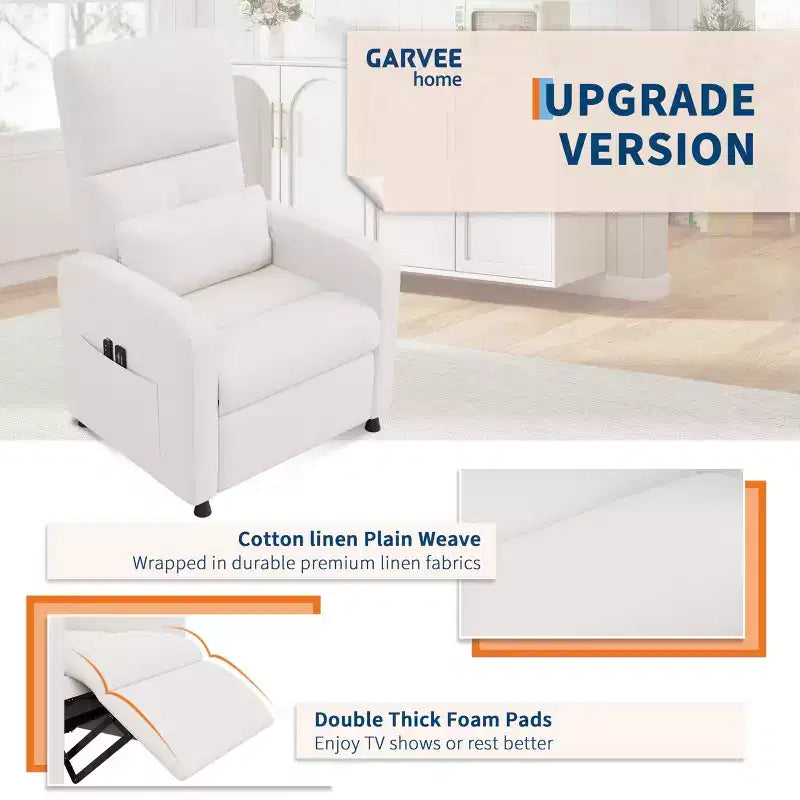 Power Recliner Chair, Ergonomic Linen Single Sofa with Padded Seat & 2 Side Pockets, Adjustable Electric Recliner for Living Room, Bedroom