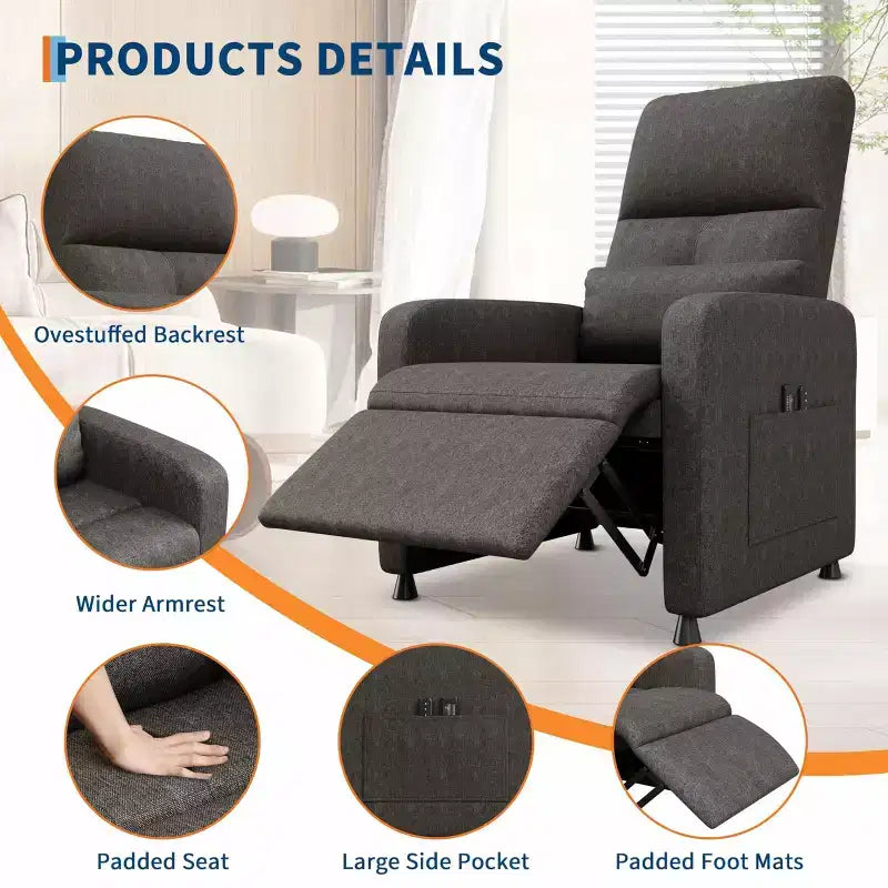 Power Recliner Chair, Ergonomic Linen Single Sofa with Padded Seat & 2 Side Pockets, Adjustable Electric Recliner for Living Room, Bedroom