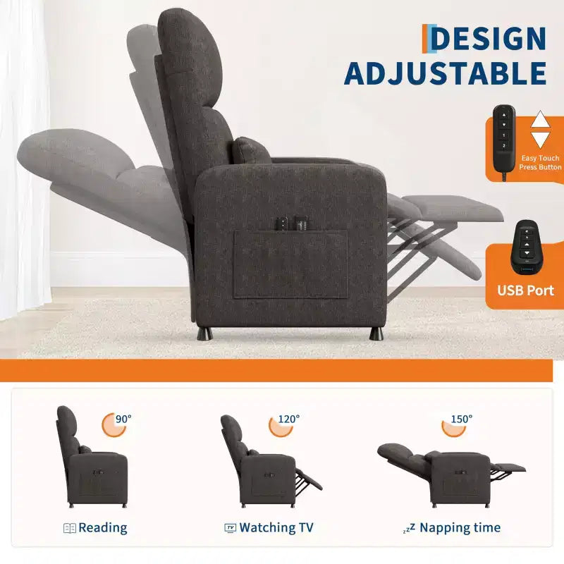 Power Recliner Chair, Ergonomic Linen Single Sofa with Padded Seat & 2 Side Pockets, Adjustable Electric Recliner for Living Room, Bedroom