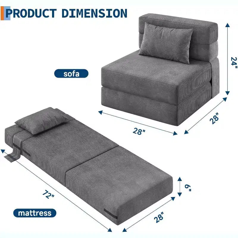Folding Sofa Bed Sleeper Chair, Convertible Futon Couch with Pillow, Single Size Foldable Mattress for Living Room, Dorm, Apartment & Home Office
