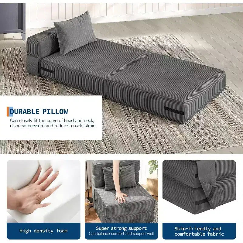 Folding Sofa Bed Sleeper Chair, Convertible Futon Couch with Pillow, Single Size Foldable Mattress for Living Room, Dorm, Apartment & Home Office