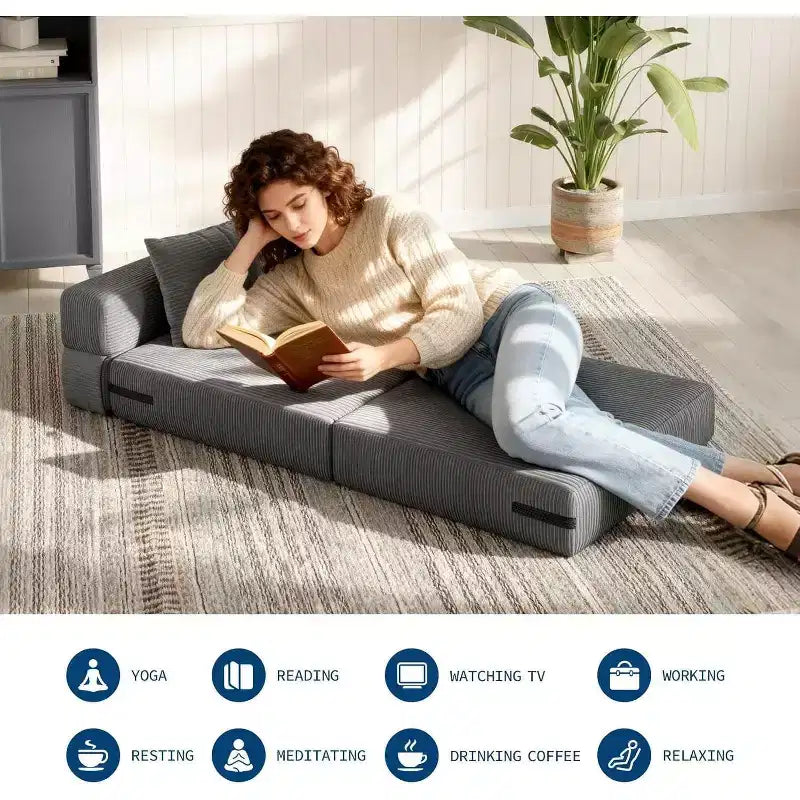Folding Sofa Bed Sleeper Chair, Convertible Futon Couch with Pillow, Single Size Foldable Mattress for Living Room, Dorm, Apartment & Home Office