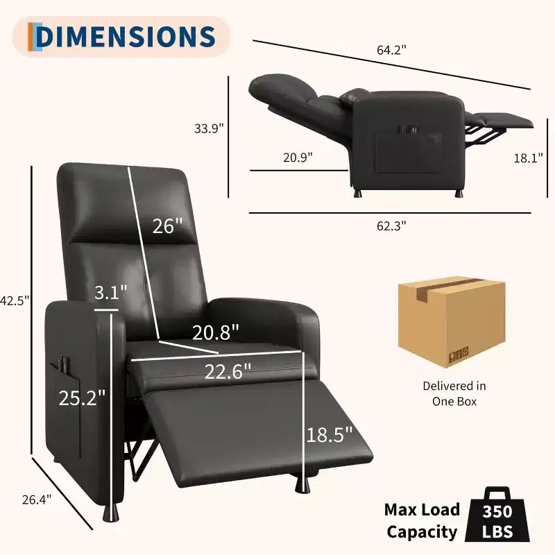 Recliner Chair, Adjustable Recliner Ergonomic Overstuffed Sofa, Tall Back, Padded Seat, 2 Side Pockets, Home Theater Seating for Living Room