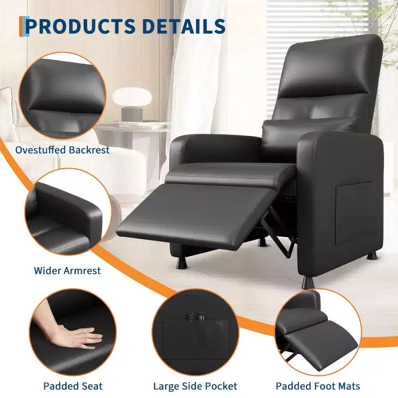 Recliner Chair, Adjustable Recliner Ergonomic Overstuffed Sofa, Tall Back, Padded Seat, 2 Side Pockets, Home Theater Seating for Living Room