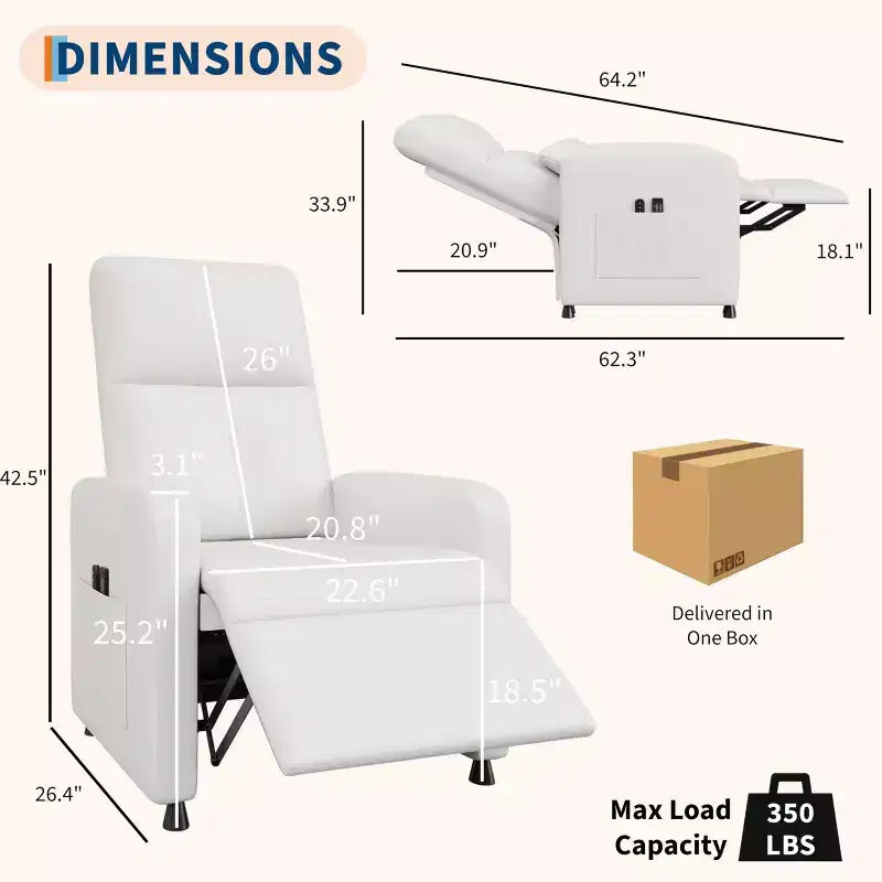 Recliner Chair, Adjustable Recliner Ergonomic Overstuffed Sofa, Tall Back, Padded Seat, 2 Side Pockets, Home Theater Seating for Living Room