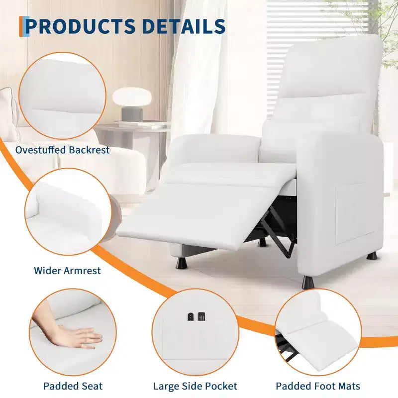Recliner Chair, Adjustable Recliner Ergonomic Overstuffed Sofa, Tall Back, Padded Seat, 2 Side Pockets, Home Theater Seating for Living Room