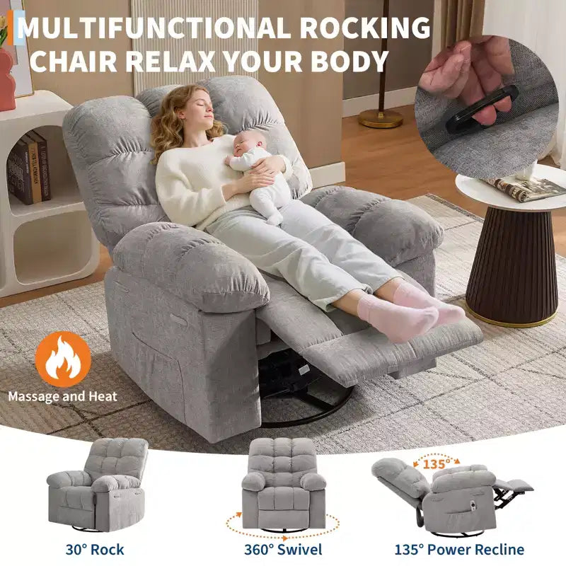 Rocking Recliner Chairs, Massage Recliner Chair, 360 Swivel Rocking Recliner Chair with Side Pockets Cup Holders, for Living Room ,Bedroom