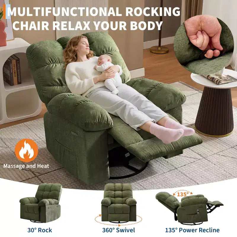 Rocking Recliner Chairs, Massage Recliner Chair, 360 Swivel Rocking Recliner Chair with Side Pockets Cup Holders, for Living Room ,Bedroom
