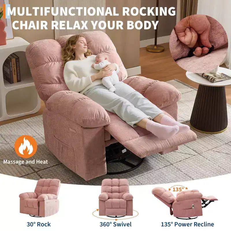 Rocking Recliner Chairs, Massage Recliner Chair, 360 Swivel Rocking Recliner Chair with Side Pockets Cup Holders, for Living Room ,Bedroom
