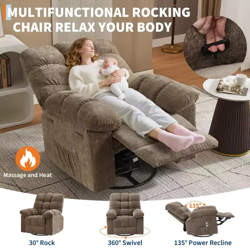Rocking Recliner Chairs, Massage Recliner Chair, 360 Swivel Rocking Recliner Chair with Side Pockets Cup Holders, for Living Room ,Bedroom