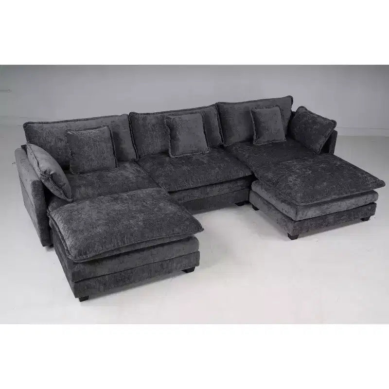 EHMKNP 3-Seat U-Shaped Modern Cloud Couch - Chenille Modular Sectional with Deep Seat, 2 Ottoman & 4 Pillows for Home/Apartment Spaces