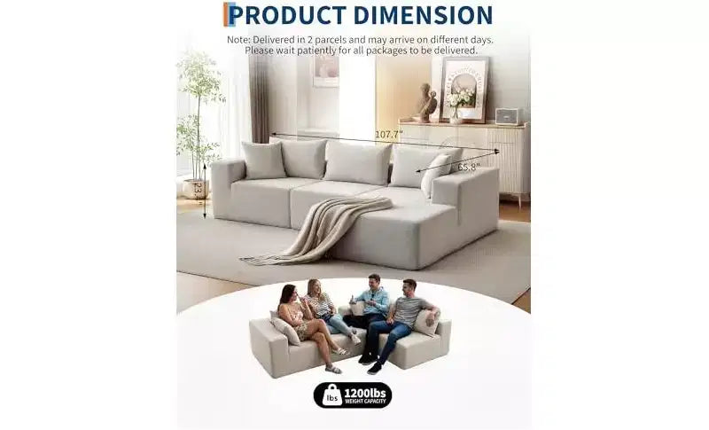GustoWave 108 Modular Cloud Sectional Couch with Chaise | Fluffy Compressed L Shaped Sofa for Living Room | Sofa Bed Design,Beige