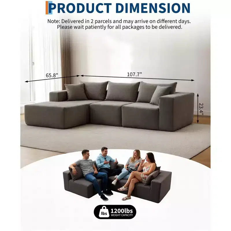GustoWave 108 Modular Cloud Sectional Couch with Chaise | Fluffy Compressed L Shaped Sofa for Living Room | Sofa Bed Design,Beige