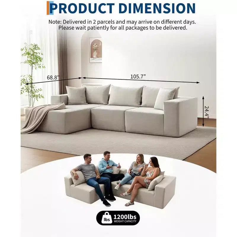 GustoWave 108 Modular Cloud Sectional Couch with Chaise | Fluffy Compressed L Shaped Sofa for Living Room | Sofa Bed Design,Beige