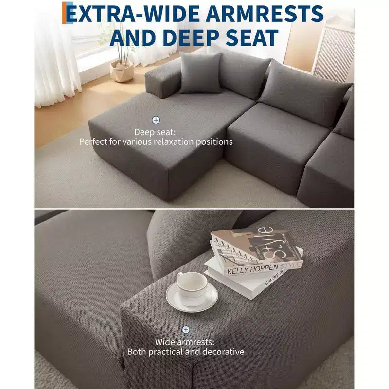 GustoWave 108 Modular Cloud Sectional Couch with Chaise | Fluffy Compressed L Shaped Sofa for Living Room | Sofa Bed Design,Beige