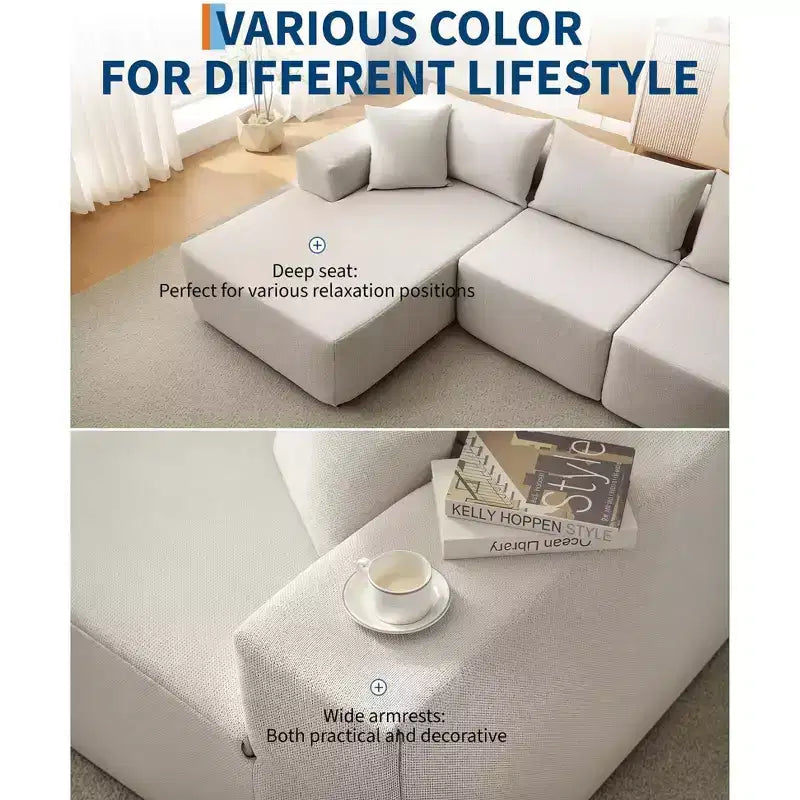 GustoWave 108 Modular Cloud Sectional Couch with Chaise | Fluffy Compressed L Shaped Sofa for Living Room | Sofa Bed Design,Beige