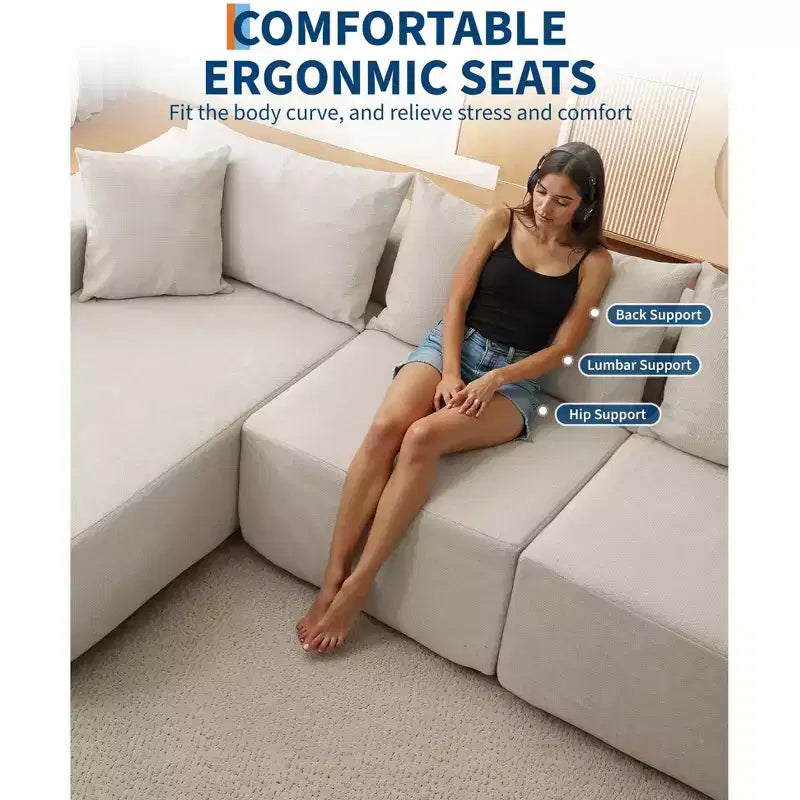 GustoWave 108 Modular Cloud Sectional Couch with Chaise | Fluffy Compressed L Shaped Sofa for Living Room | Sofa Bed Design,Beige