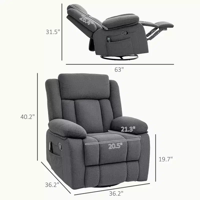 Recliner Massage Armchair with Heat, Oversized Swivel Rocker Recliner with Footrest, Remote Control and Side Pockets, Gray