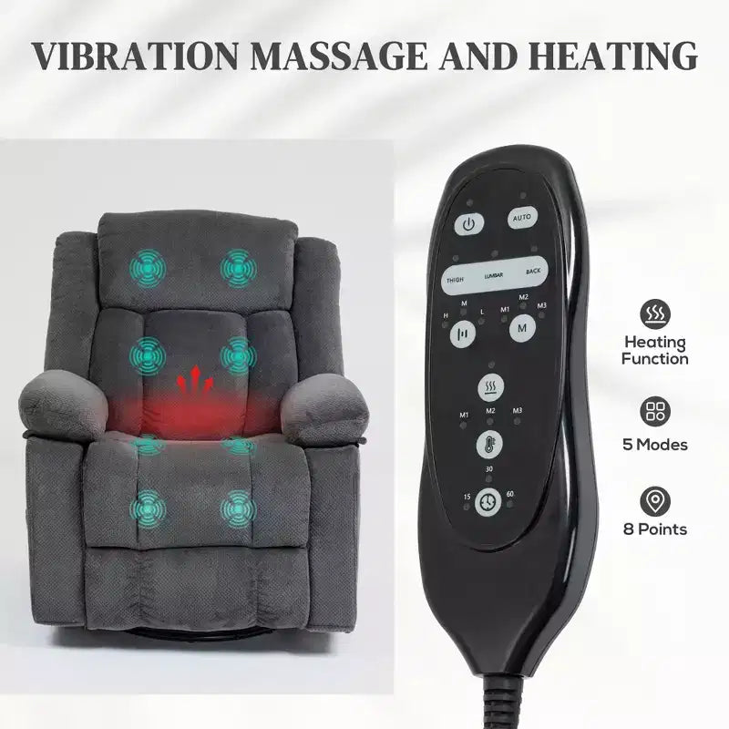 Recliner Massage Armchair with Heat, Oversized Swivel Rocker Recliner with Footrest, Remote Control and Side Pockets, Gray
