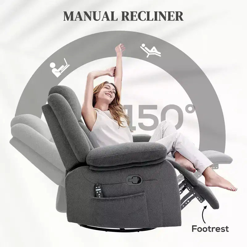Recliner Massage Armchair with Heat, Oversized Swivel Rocker Recliner with Footrest, Remote Control and Side Pockets, Gray