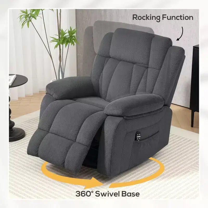 Recliner Massage Armchair with Heat, Oversized Swivel Rocker Recliner with Footrest, Remote Control and Side Pockets, Gray