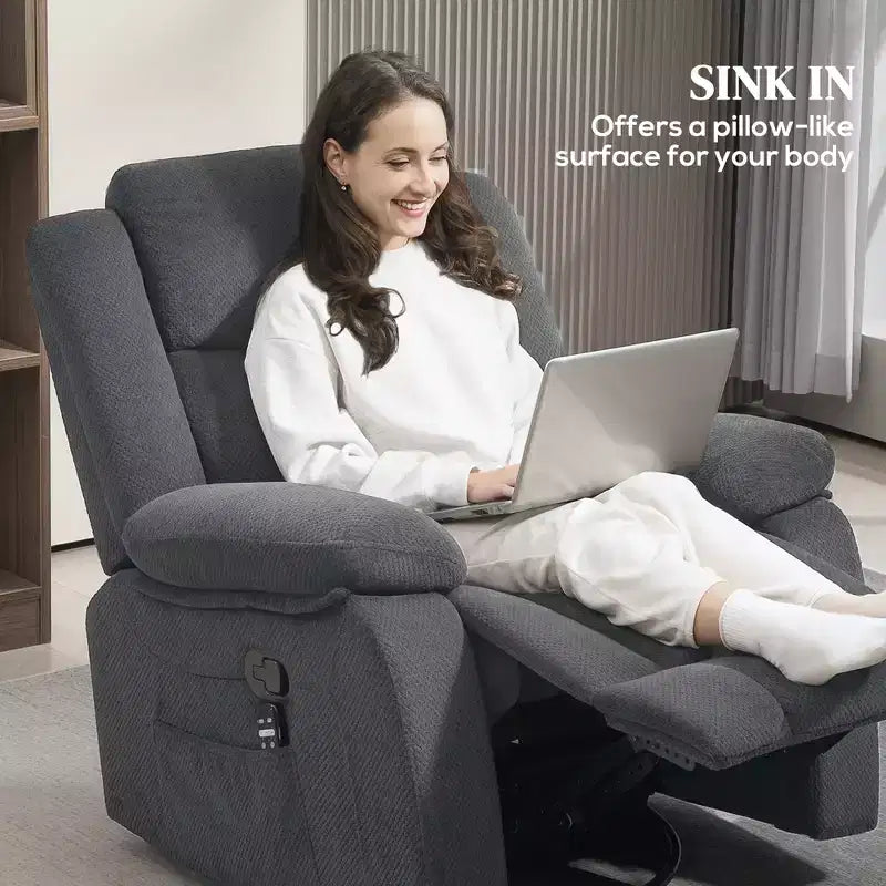 Recliner Massage Armchair with Heat, Oversized Swivel Rocker Recliner with Footrest, Remote Control and Side Pockets, Gray