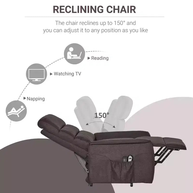Power Lift Chair with Vibration Massage, Fabric Upholstered Recliner for Elderly with Remote Control and Side Pockets, Brown