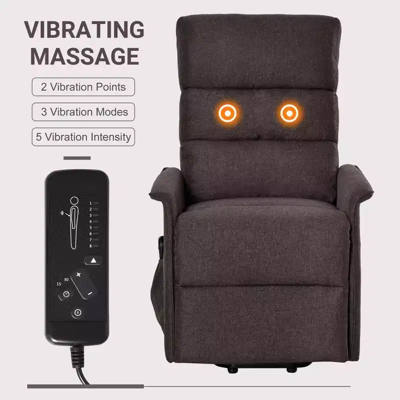 Power Lift Chair with Vibration Massage, Fabric Upholstered Recliner for Elderly with Remote Control and Side Pockets, Brown