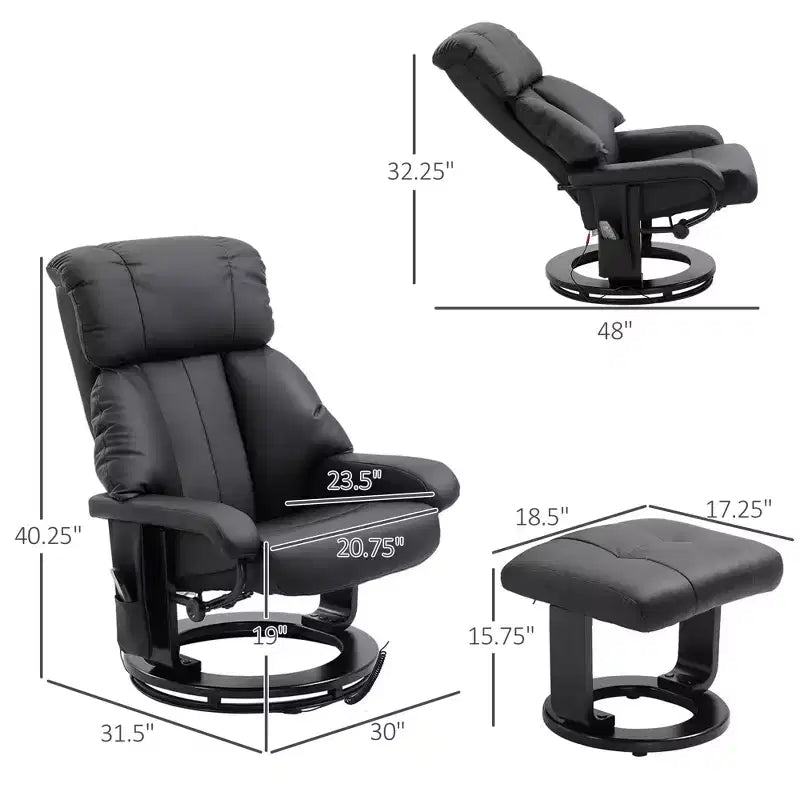 Recliner with Ottoman Footrest, Vibration Massage Recliner Chair with Faux Leather Upholstery and Swivel Wood Base for Living Room and Bedroom