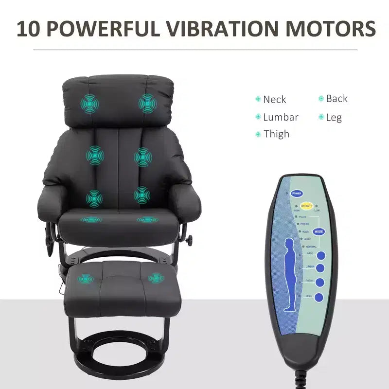Recliner with Ottoman Footrest, Vibration Massage Recliner Chair with Faux Leather Upholstery and Swivel Wood Base for Living Room and Bedroom