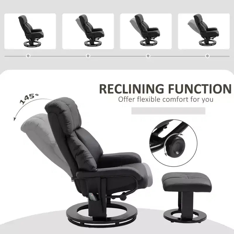 Recliner with Ottoman Footrest, Vibration Massage Recliner Chair with Faux Leather Upholstery and Swivel Wood Base for Living Room and Bedroom