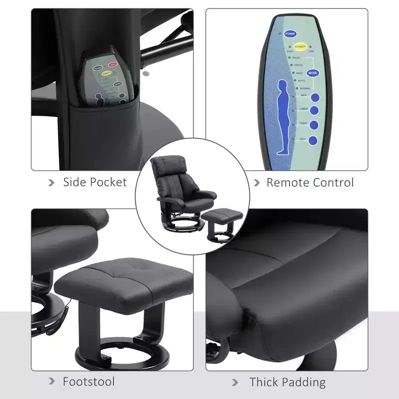 Recliner with Ottoman Footrest, Vibration Massage Recliner Chair with Faux Leather Upholstery and Swivel Wood Base for Living Room and Bedroom