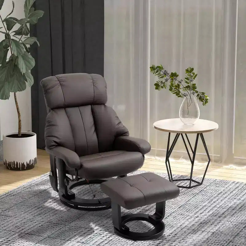 Recliner with Ottoman Footrest, Vibration Massage Recliner Chair with Faux Leather Upholstery and Swivel Wood Base for Living Room and Bedroom