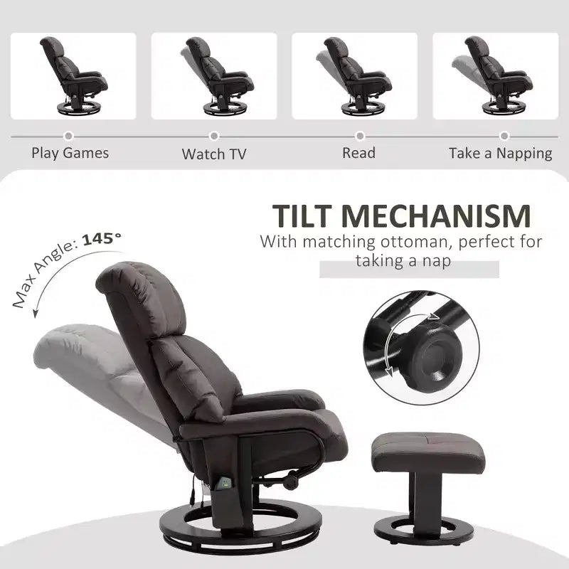Recliner with Ottoman Footrest, Vibration Massage Recliner Chair with Faux Leather Upholstery and Swivel Wood Base for Living Room and Bedroom