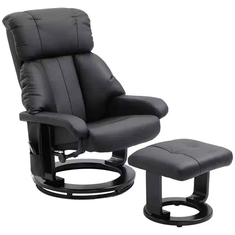Sillón reclinable con otomana, sillón reclinable con masaje de vibración, tapizado en piel sintética y base de madera giratoria para sala de estar y dormitorio