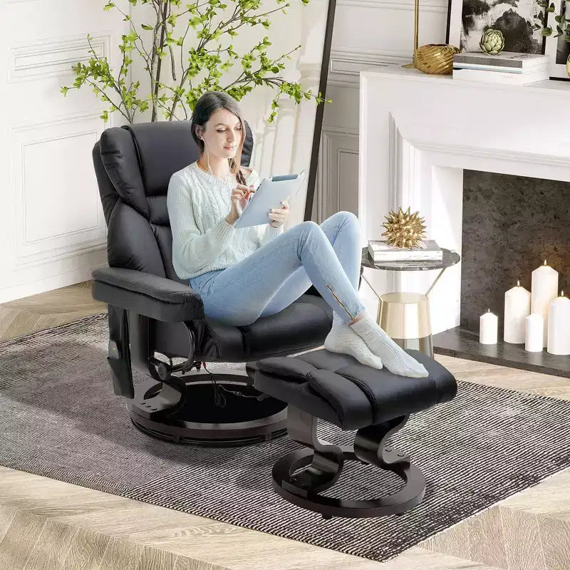 Massage Recliner Chair with Ottoman Footrest,10-Point Vibration and 360 Swivel,Faux Leather Reclining Chair for Living Room with Remote Control