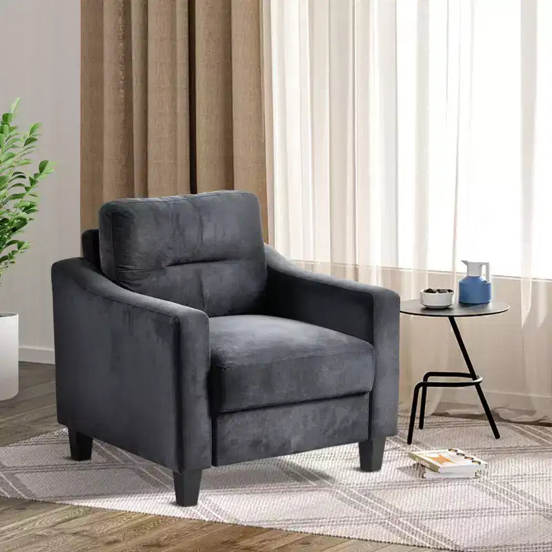 PexFix Velvet Upholstered Single Sofa Chair Sectional Couches Mordern Accent Armchair with Wooden Legs for Living Room Bedroom Office Black