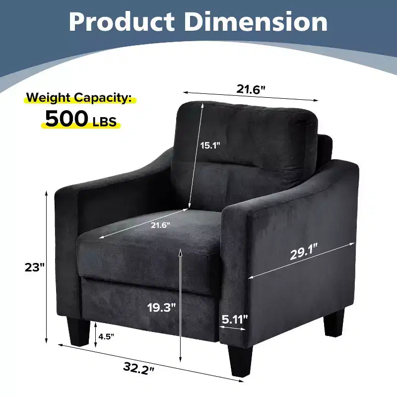 PexFix Velvet Upholstered Single Sofa Chair Sectional Couches Mordern Accent Armchair with Wooden Legs for Living Room Bedroom Office Black