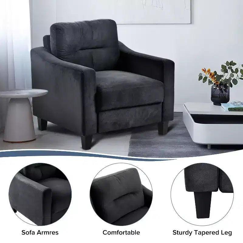 PexFix Velvet Upholstered Single Sofa Chair Sectional Couches Mordern Accent Armchair with Wooden Legs for Living Room Bedroom Office Black