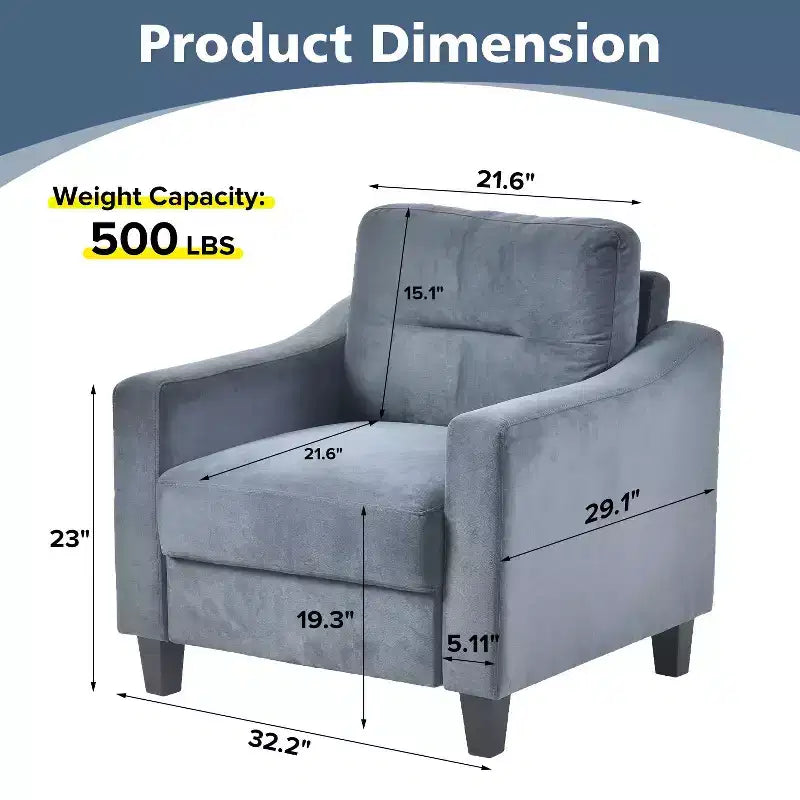 PexFix Velvet Upholstered Single Sofa Chair Sectional Couches Mordern Accent Armchair with Wooden Legs for Living Room Bedroom Office Gray