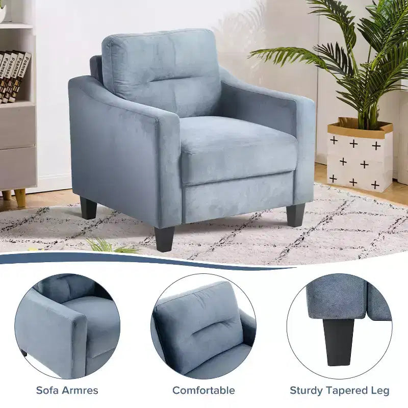 PexFix Velvet Upholstered Single Sofa Chair Sectional Couches Mordern Accent Armchair with Wooden Legs for Living Room Bedroom Office Gray