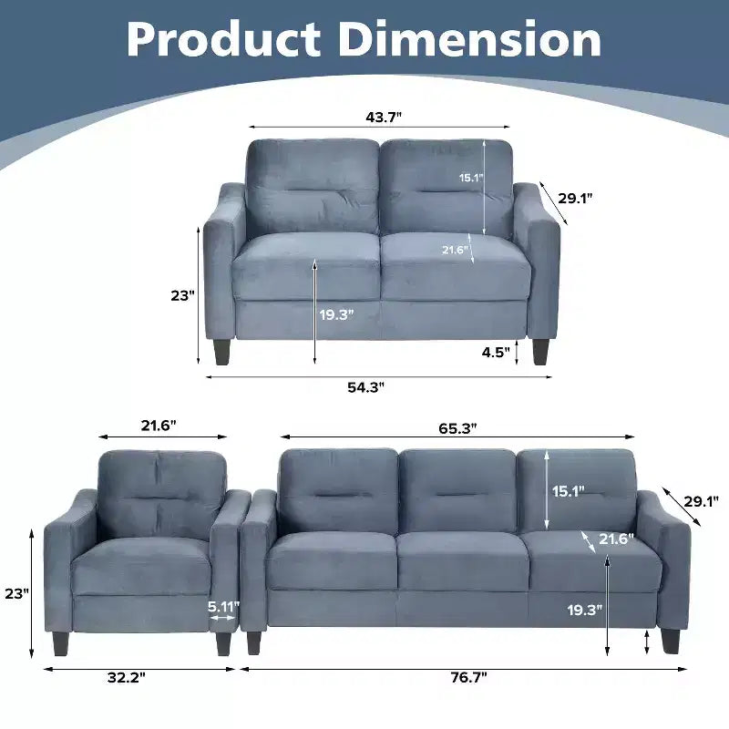 PexFix Modern Velvet Upholstered 3 Set Sectional Couches 3-Seater Sofa Loveseat and Single Chair with Solid Wood Frame for Living Room Apartment Gray