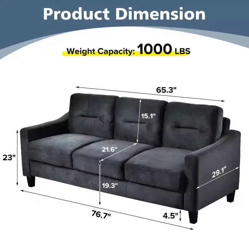 PexFix 3 Seat Sectional Sofa with U-Shaped Spring Links and Solid Wood Frame Mid Century Velvet Upholstered Couch for Living Room Bedroom Office Black