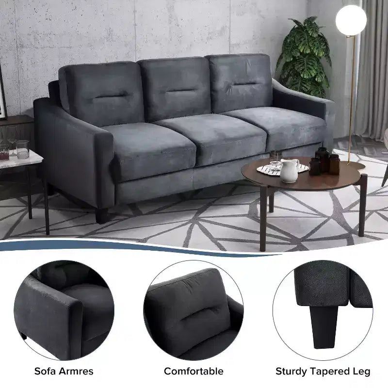 PexFix 3 Seat Sectional Sofa with U-Shaped Spring Links and Solid Wood Frame Mid Century Velvet Upholstered Couch for Living Room Bedroom Office Black