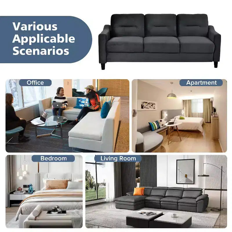 PexFix 3 Seat Sectional Sofa with U-Shaped Spring Links and Solid Wood Frame Mid Century Velvet Upholstered Couch for Living Room Bedroom Office Black