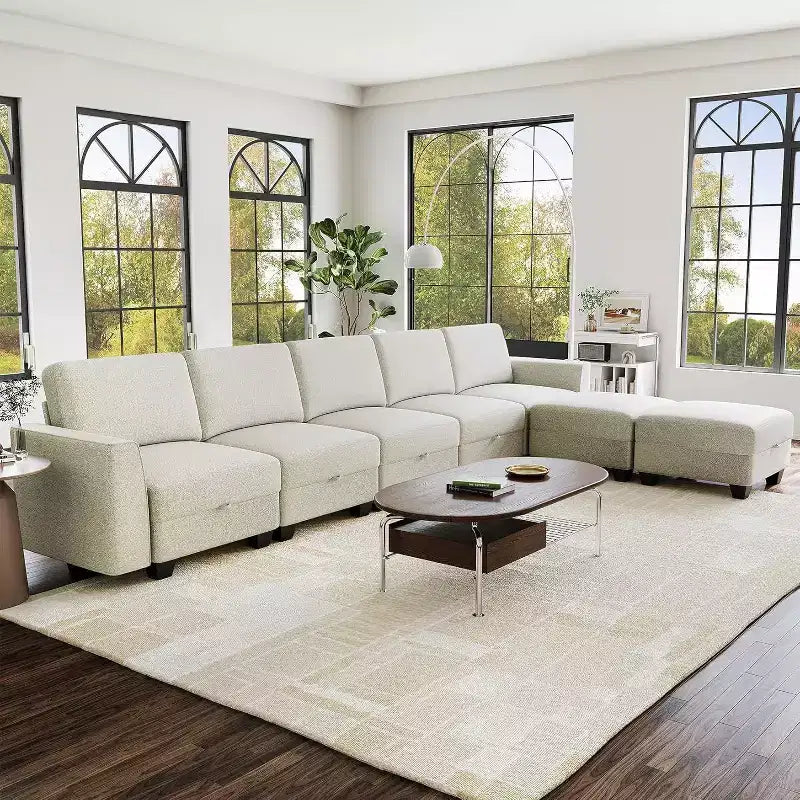 140 Large U Shaped Sectional Couch with Ottoman Chaise, Convertible Modular Sectional Sofa with Ottomans with 7 Seat for Living Room, Office, Beige