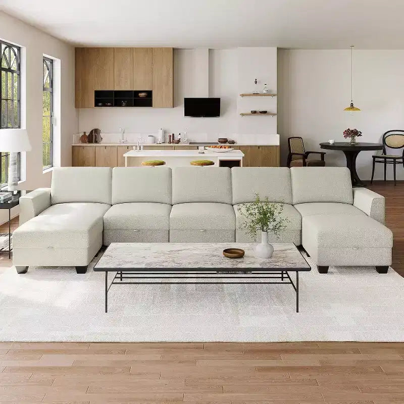 140 Large U Shaped Sectional Couch with Ottoman Chaise, Convertible Modular Sectional Sofa with Ottomans with 7 Seat for Living Room, Office, Beige