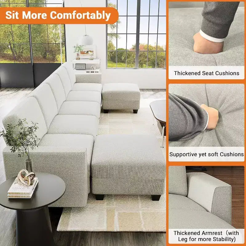 140 Large U Shaped Sectional Couch with Ottoman Chaise, Convertible Modular Sectional Sofa with Ottomans with 7 Seat for Living Room, Office, Beige